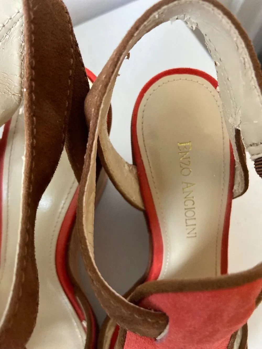 Enzo Angiolini Eagesso Suede Wedge Sandals Size 7.5M Coral Brown Ankle Strap